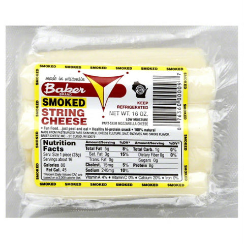 Baker Smoked String Cheese, 16 Oz (Pack of 12)