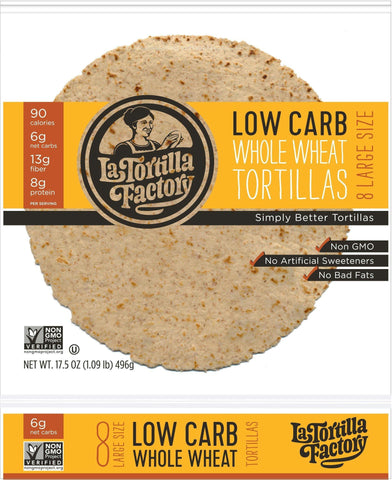 La Tortilla Factory Low Carb, High Fiber Tortillas, Made with Whole Wheat, Large Size, 8 Ea(Pack of 12)